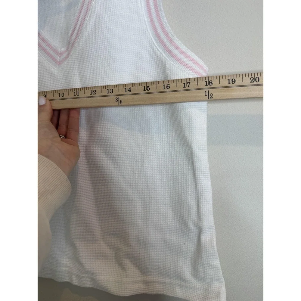 0/40 Sweater‎ Vest Womens Large White Waffle Knit V Neck Pink Trim Cotton Y2K